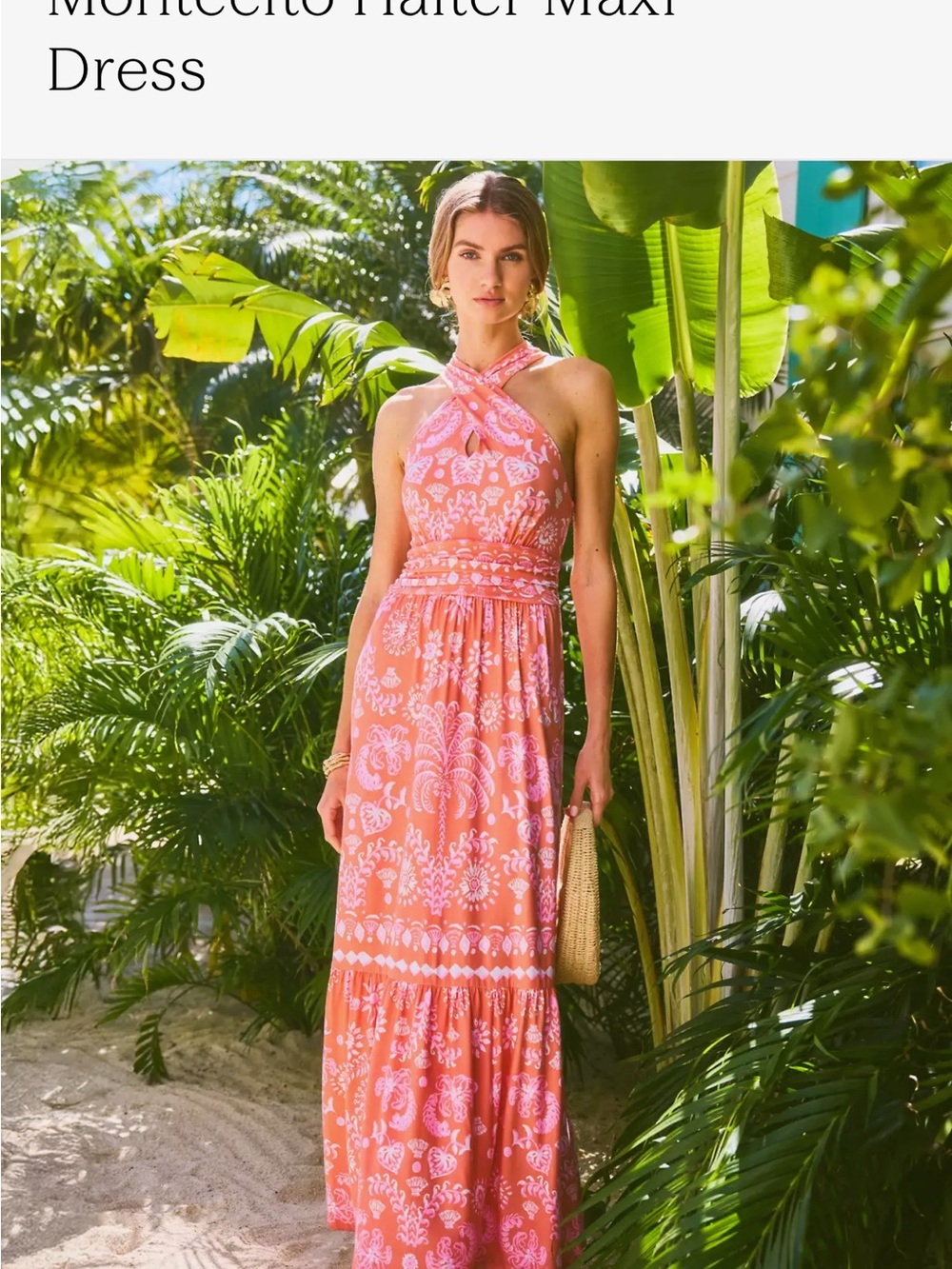 Lilly Pulitzer Coral Pink Halter Maxi with Tropical Print